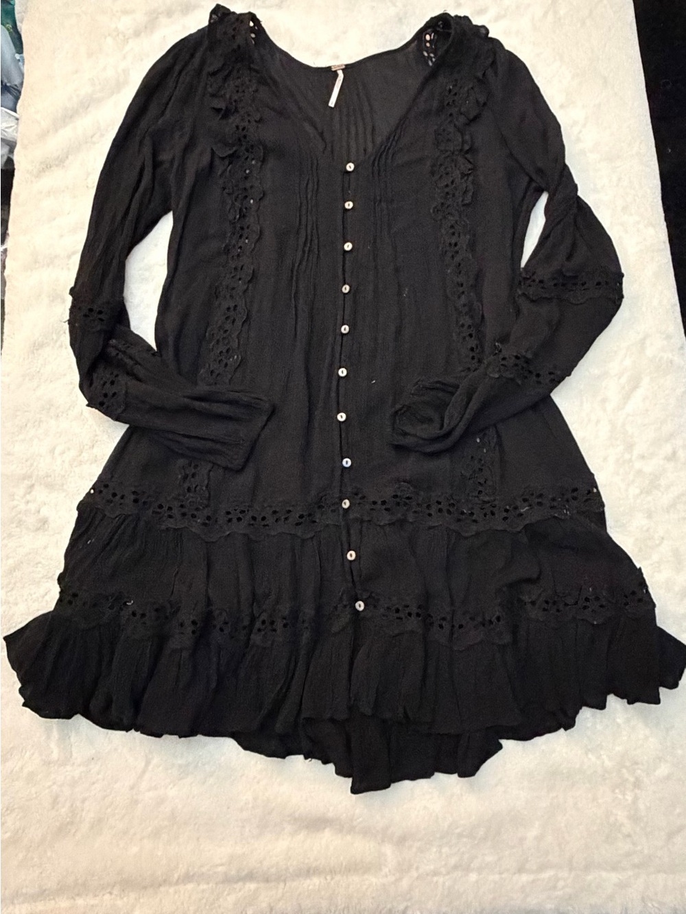 Free People Black Eyelet Button-Front Long Sleeve Dress
